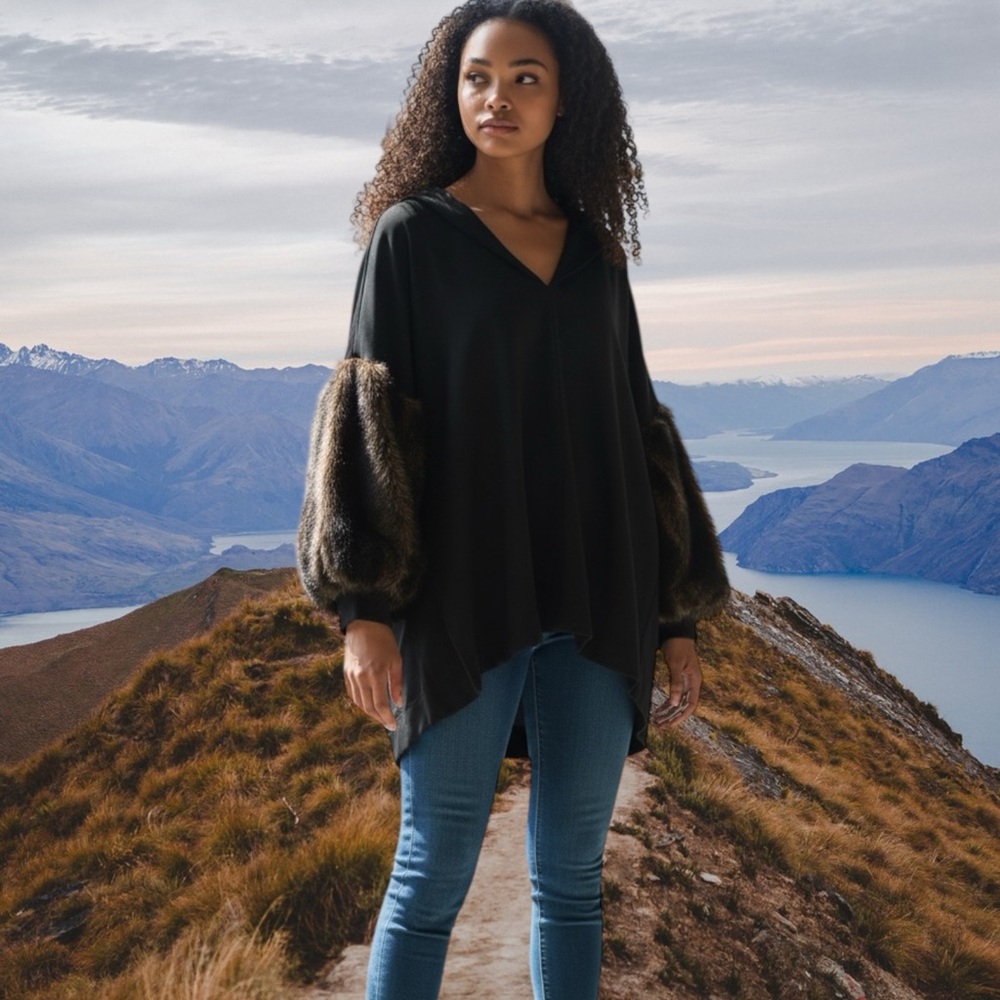 Vintage style Zara Black V-Neck Tunic with Faux-Fur Brown Balloon Sleeves - Picture 5 of 12